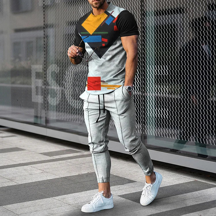 Herren-Kombi aus T-Shirt und Hose mit abstrakter geometrischer Linie und kurzen Ärmeln