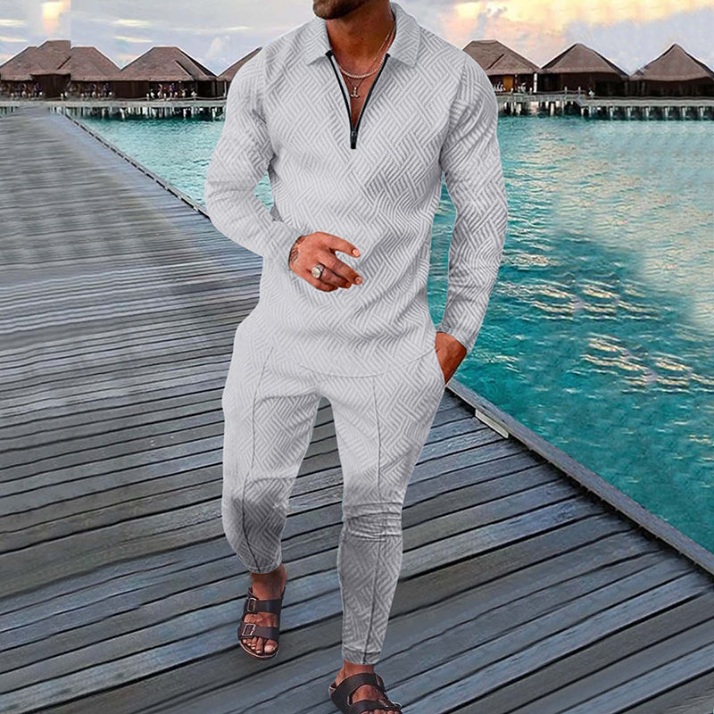 Casual Geometric Lapel Long Sleeve Polo Suit White