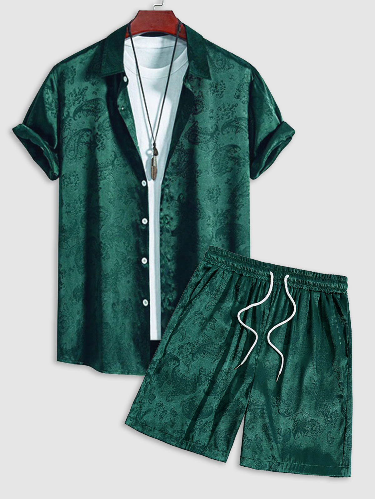 Herren-Set aus seidigem Satin mit Paisleymuster und kurzen Ärmeln, Jacquard-Muster und lässigen Shorts mit Kordelzugtaschen