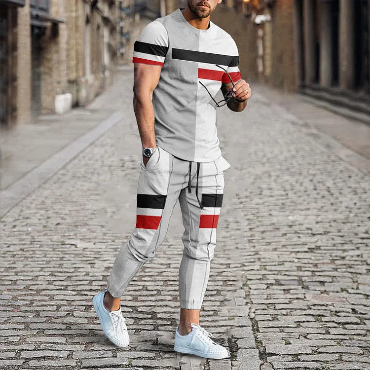 T-shirt e pantaloni coordinati con stampa a righe colorblock da uomo