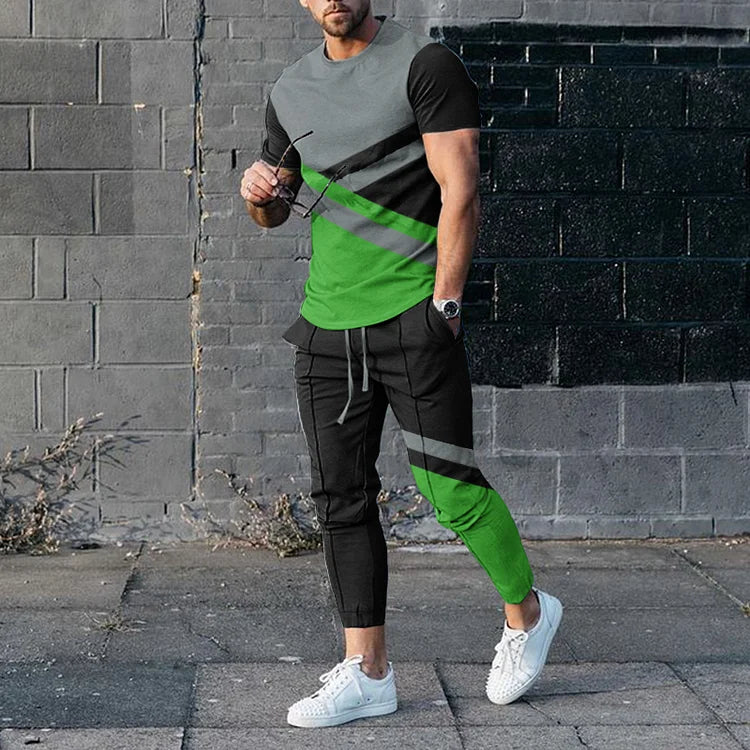 T-shirt e pantaloni coordinati da uomo con blocchi di colore nero e rosso