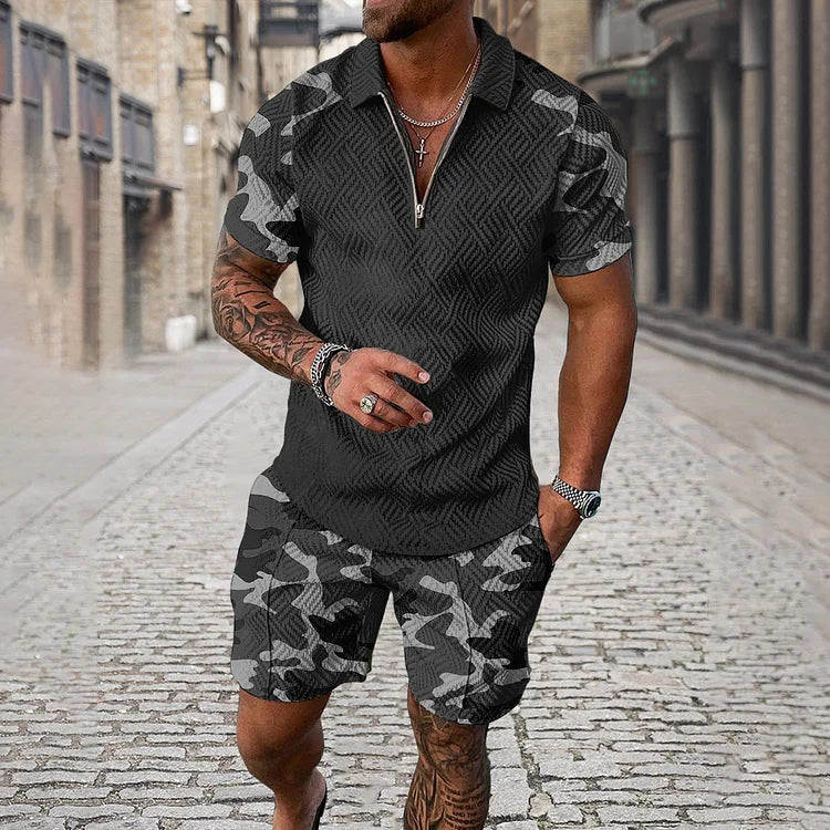 Camouflage Sleeve Polo Shirt And Shorts Co-Ord