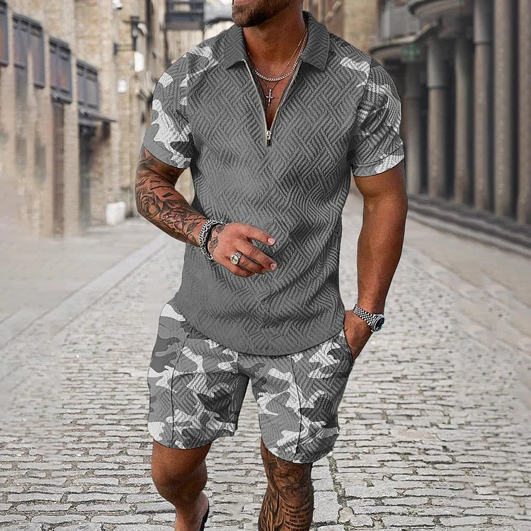 Camouflage Sleeve Polo Shirt And Shorts Co-Ord