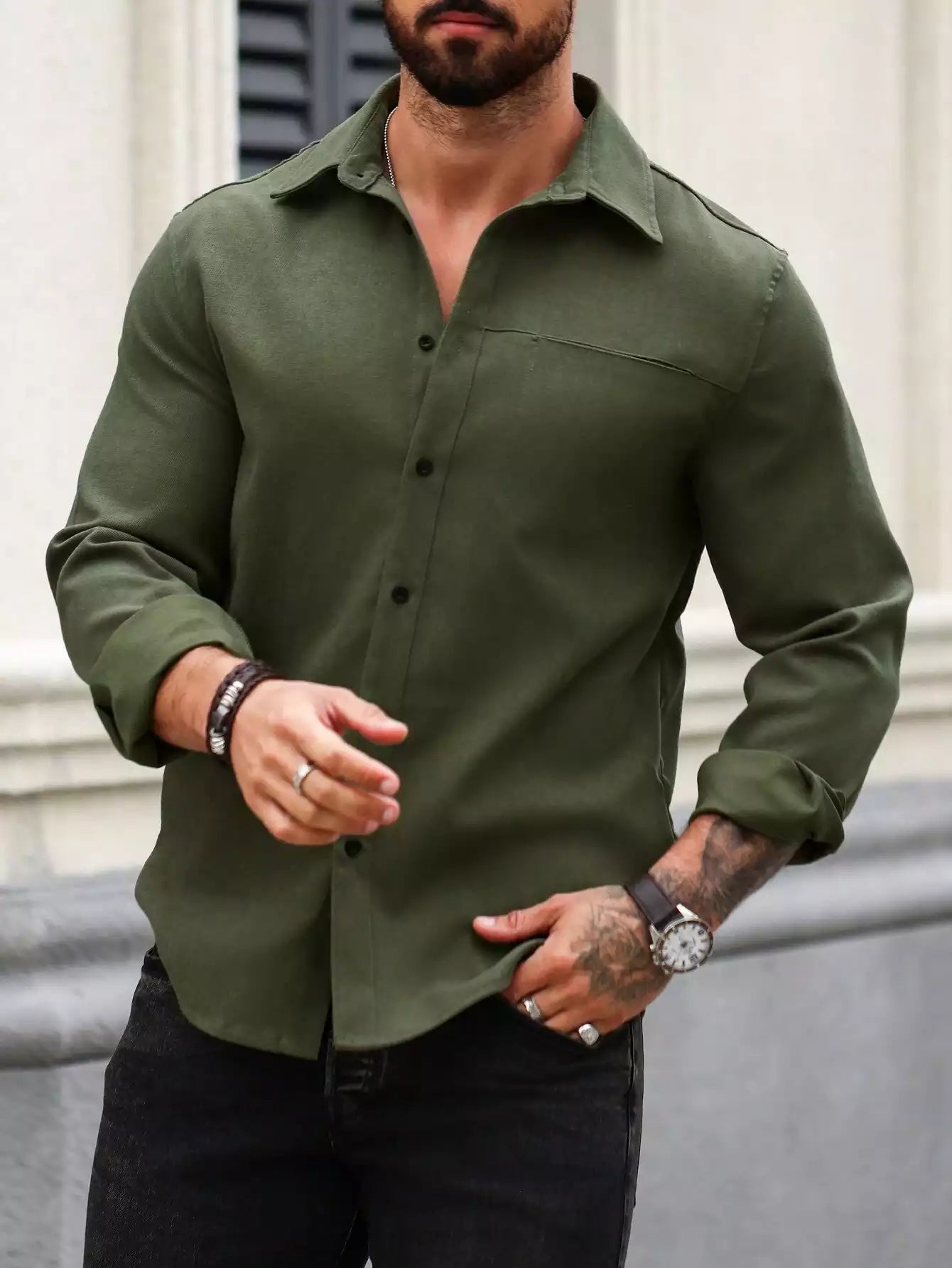 Men Spring And Summer Solid Color Loose Casual Long-Sleeved Shirt Green Color