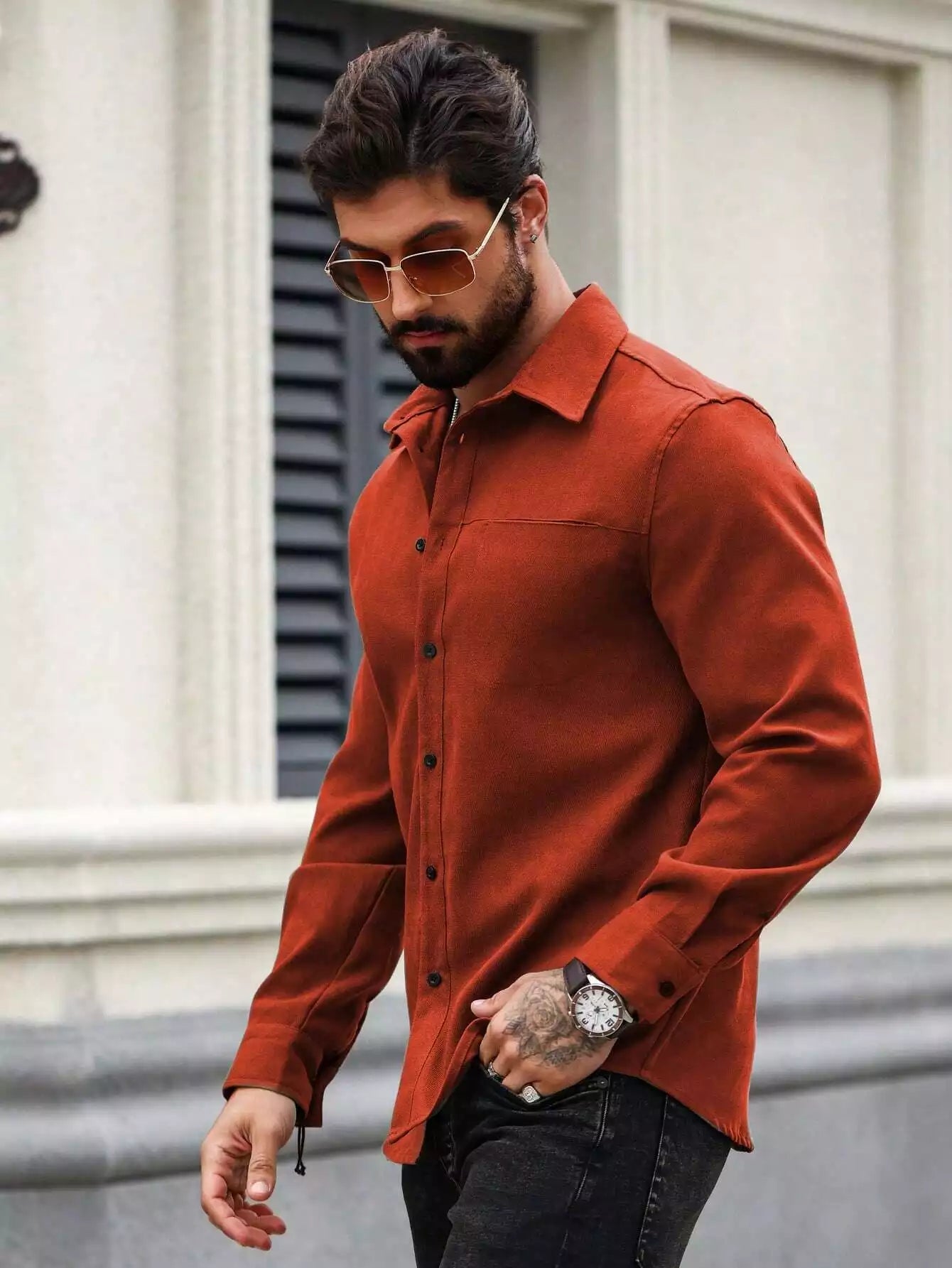 Men Spring And Summer Solid Color Loose Casual Long-Sleeved Shirt Orange Color