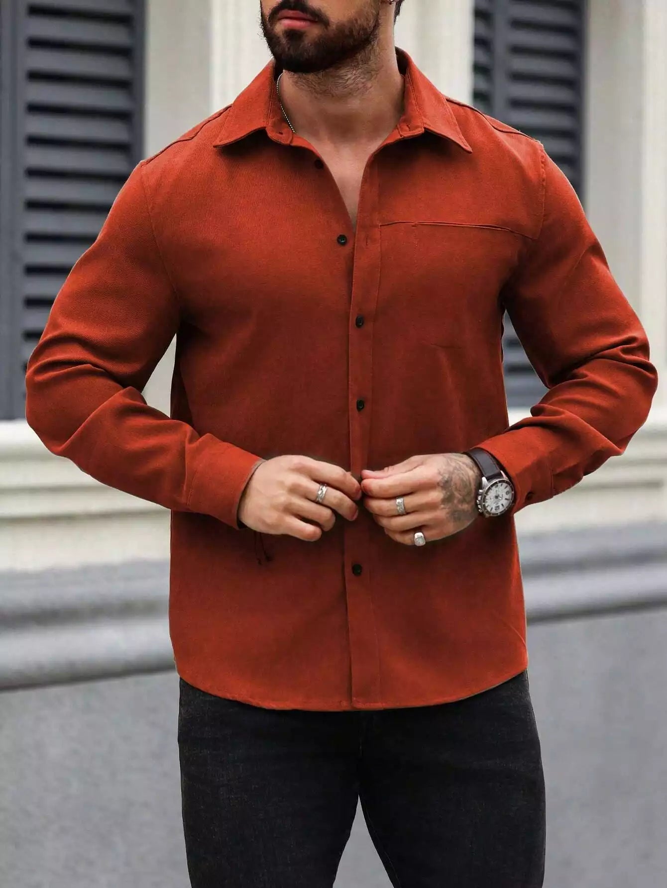 Men Spring And Summer Solid Color Loose Casual Long-Sleeved Shirt Orange Color