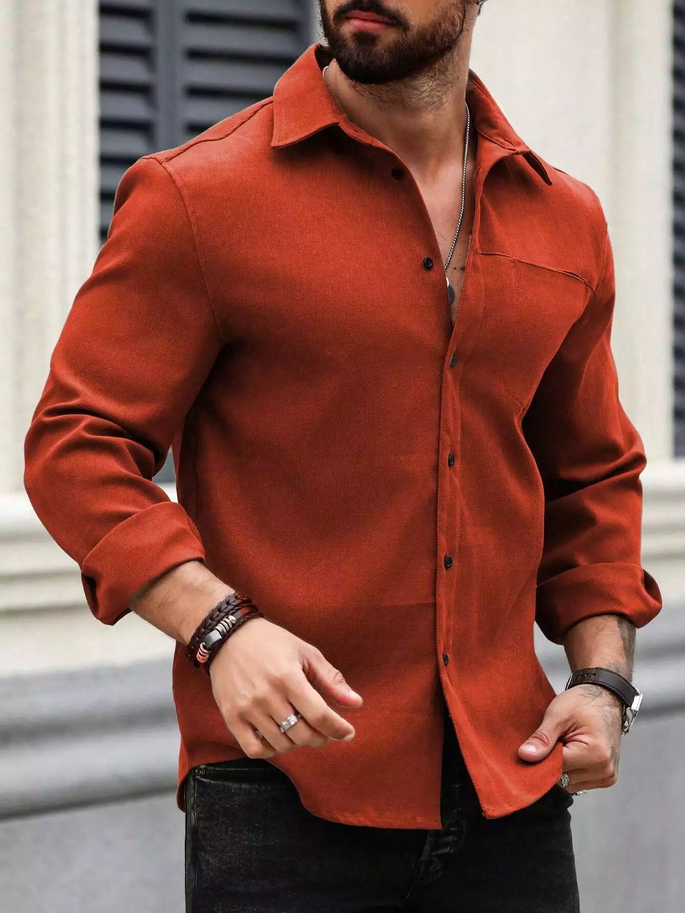 Men Spring And Summer Solid Color Loose Casual Long-Sleeved Shirt Orange Color