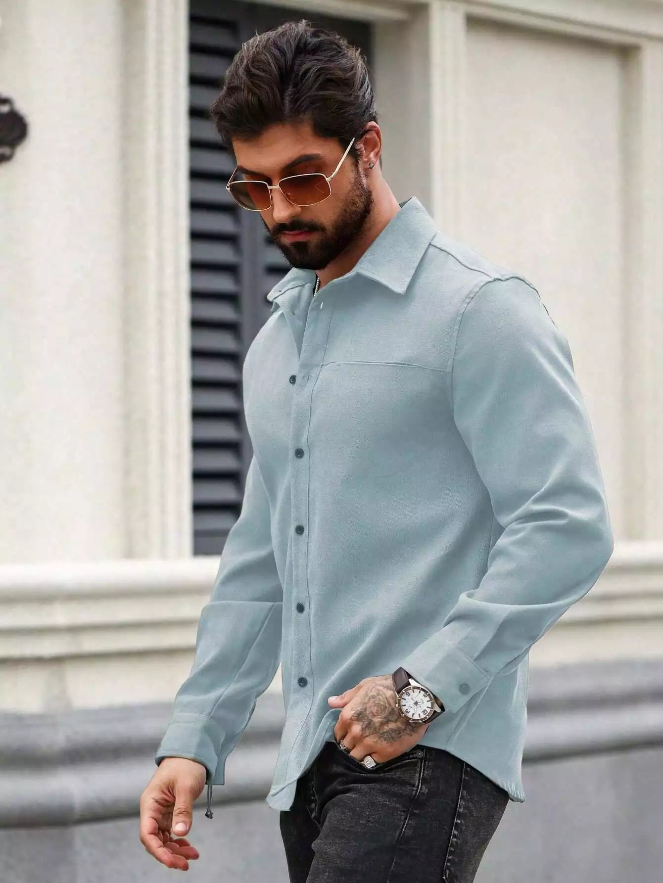 Men Spring And Summer Solid Color Loose Casual Long-Sleeved Shirt Sky Blue Color