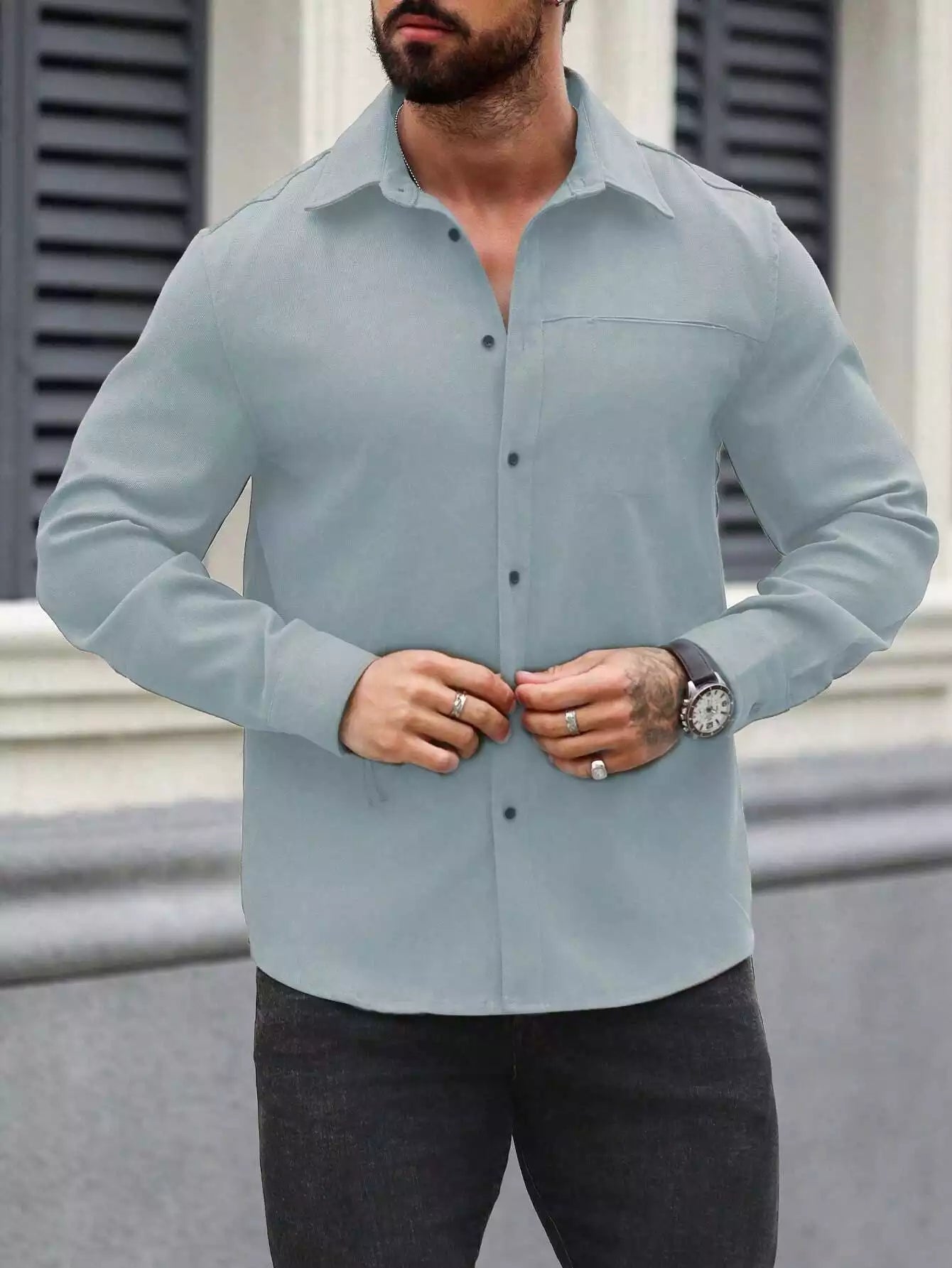 Men Spring And Summer Solid Color Loose Casual Long-Sleeved Shirt Sky Blue Color