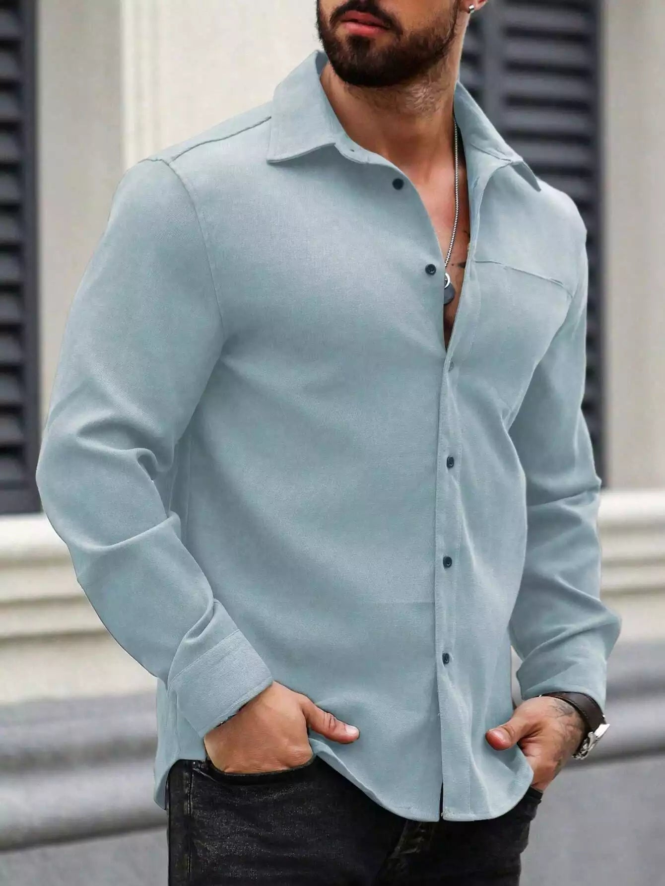 Men Spring And Summer Solid Color Loose Casual Long-Sleeved Shirt Sky Blue Color