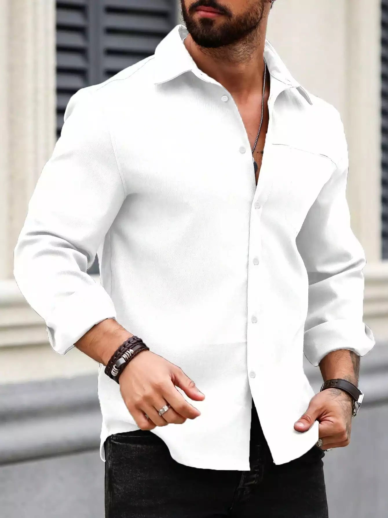 Camicia a maniche lunghe casual ampia tinta unita da uomo primavera ed estate, colore bianco 