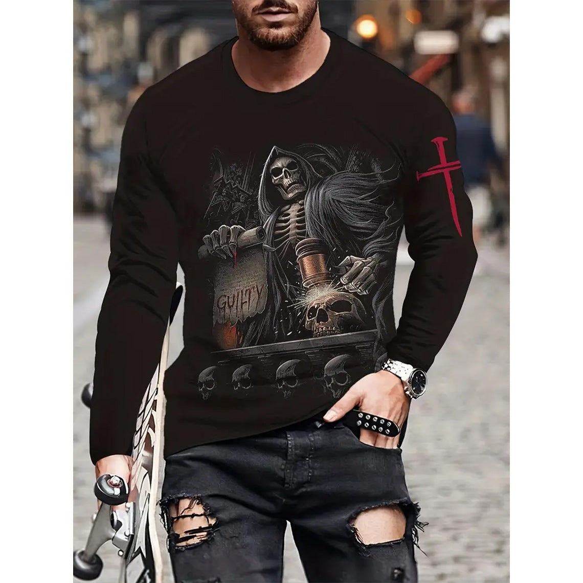 Retro Herren T-Shirt 3D-Druck Street Hip-Hop Loose Rundhals Casual Langarm