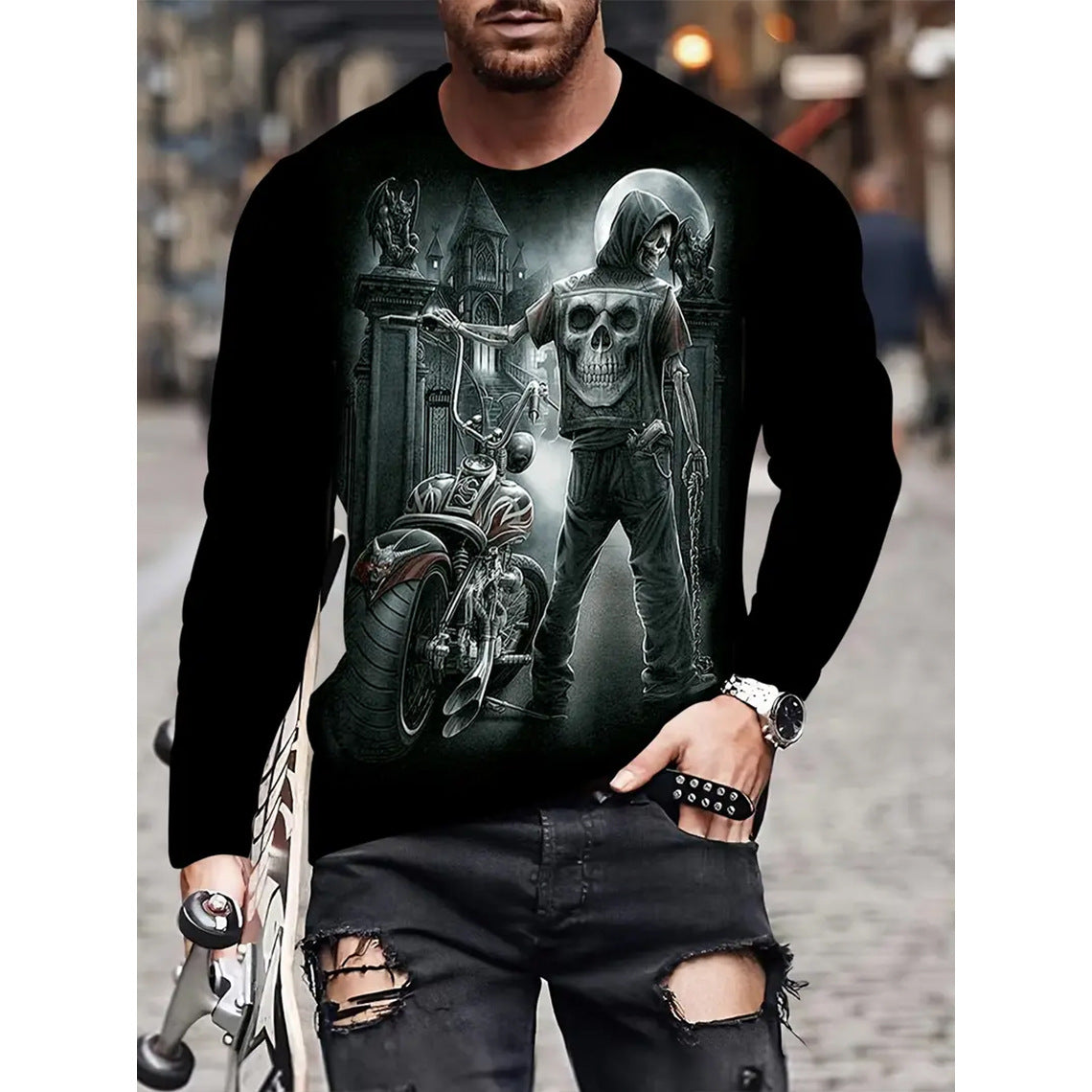 Retro Herren T-Shirt 3D-Druck Street Hip-Hop Loose Rundhals Casual Langarm