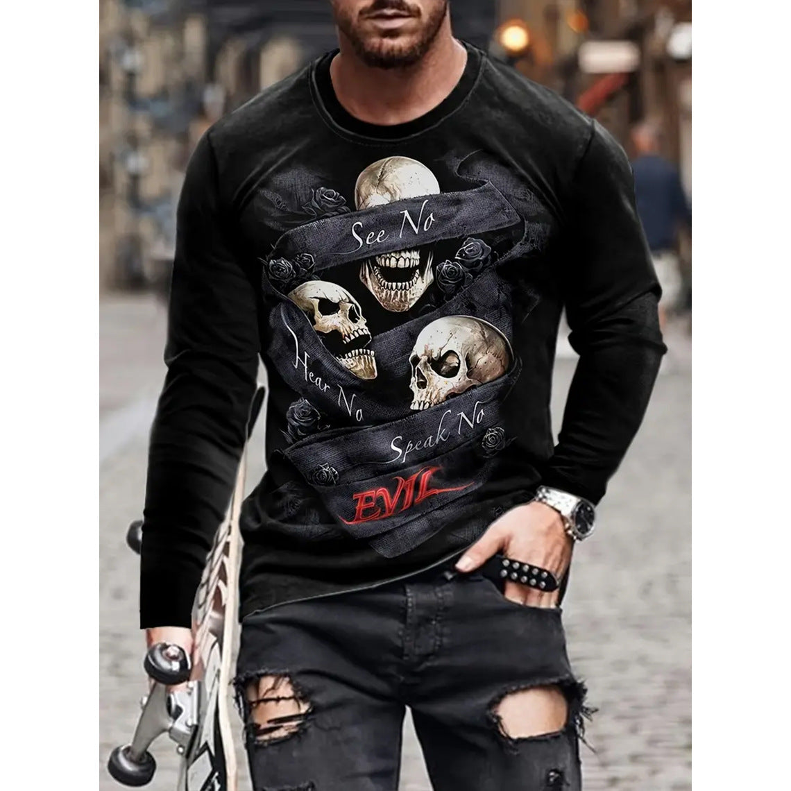 Retro Herren T-Shirt 3D-Druck Street Hip-Hop Loose Rundhals Casual Langarm