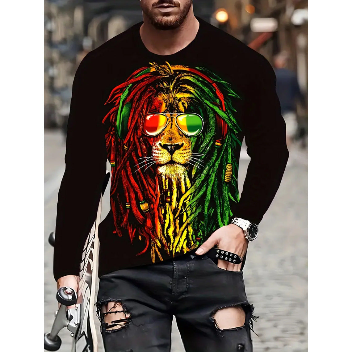 Retro Herren T-Shirt 3D-Druck Street Hip-Hop Loose Rundhals Casual Langarm