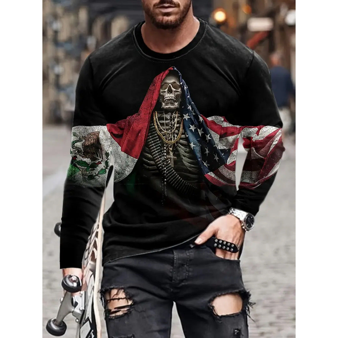 Retro Herren T-Shirt 3D-Druck Street Hip-Hop Loose Rundhals Casual Langarm