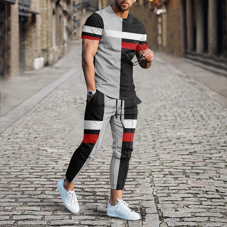 T-shirt e pantaloni coordinati con stampa a righe colorblock da uomo