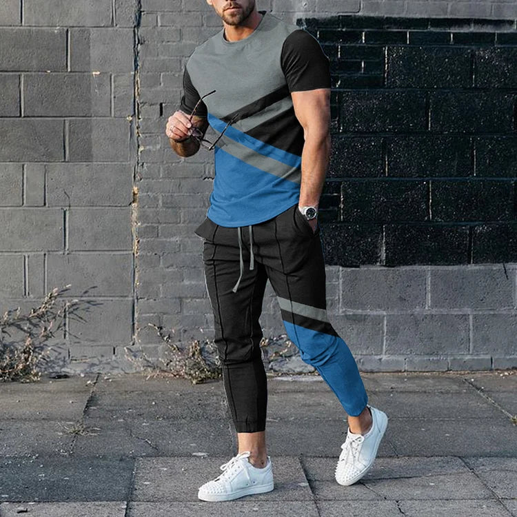 T-shirt e pantaloni coordinati da uomo con blocchi di colore nero e rosso