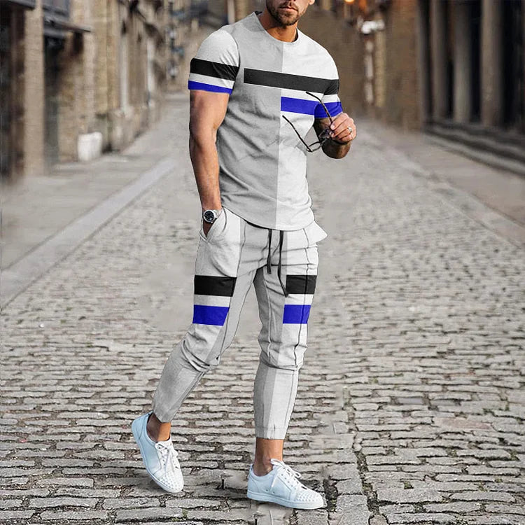 T-shirt e pantaloni coordinati con stampa a righe colorblock da uomo