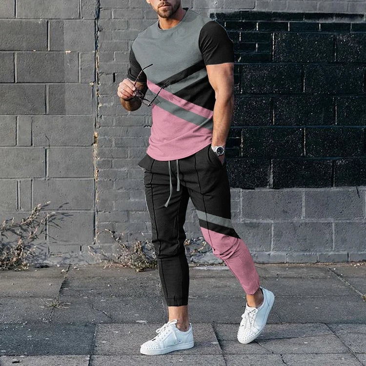 T-shirt e pantaloni coordinati da uomo con blocchi di colore nero e rosso